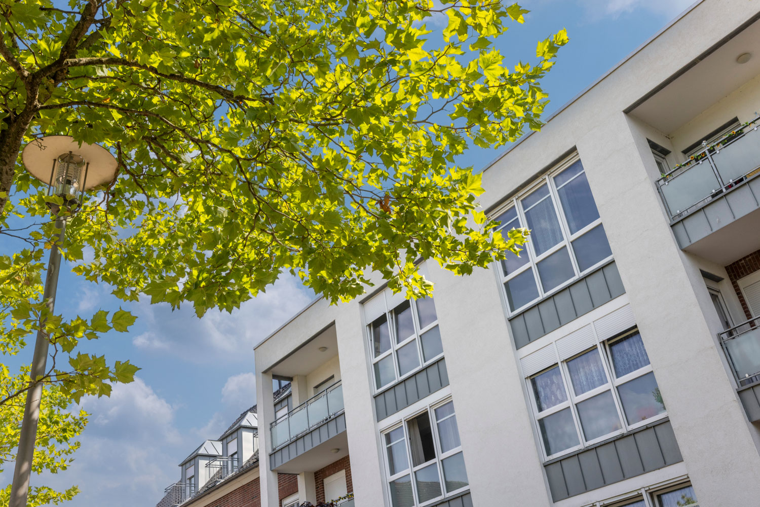 Moderne Wohnquartier-Fassade mit Balkonen, helle Architektur, grüner Baum im Vordergrund, urbanes Wohnen.
